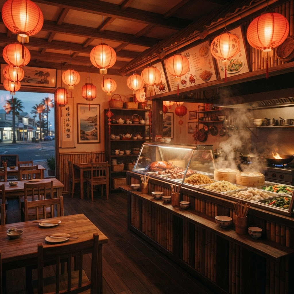Warm interior of Mariner's Cafe with red lanterns and a welcoming counter