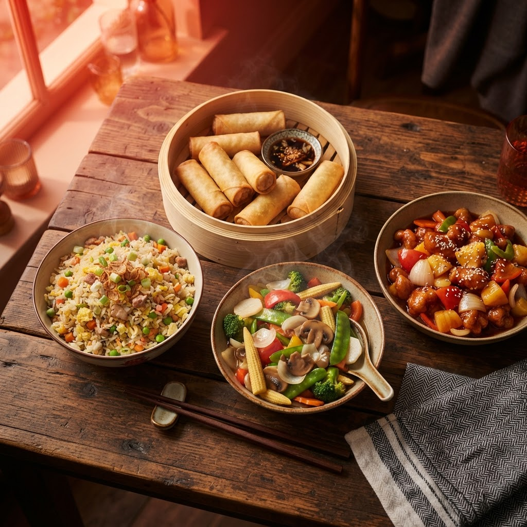 Selection of Chinese takeaway dishes including fried rice, stir-fried vegetables, and spring rolls