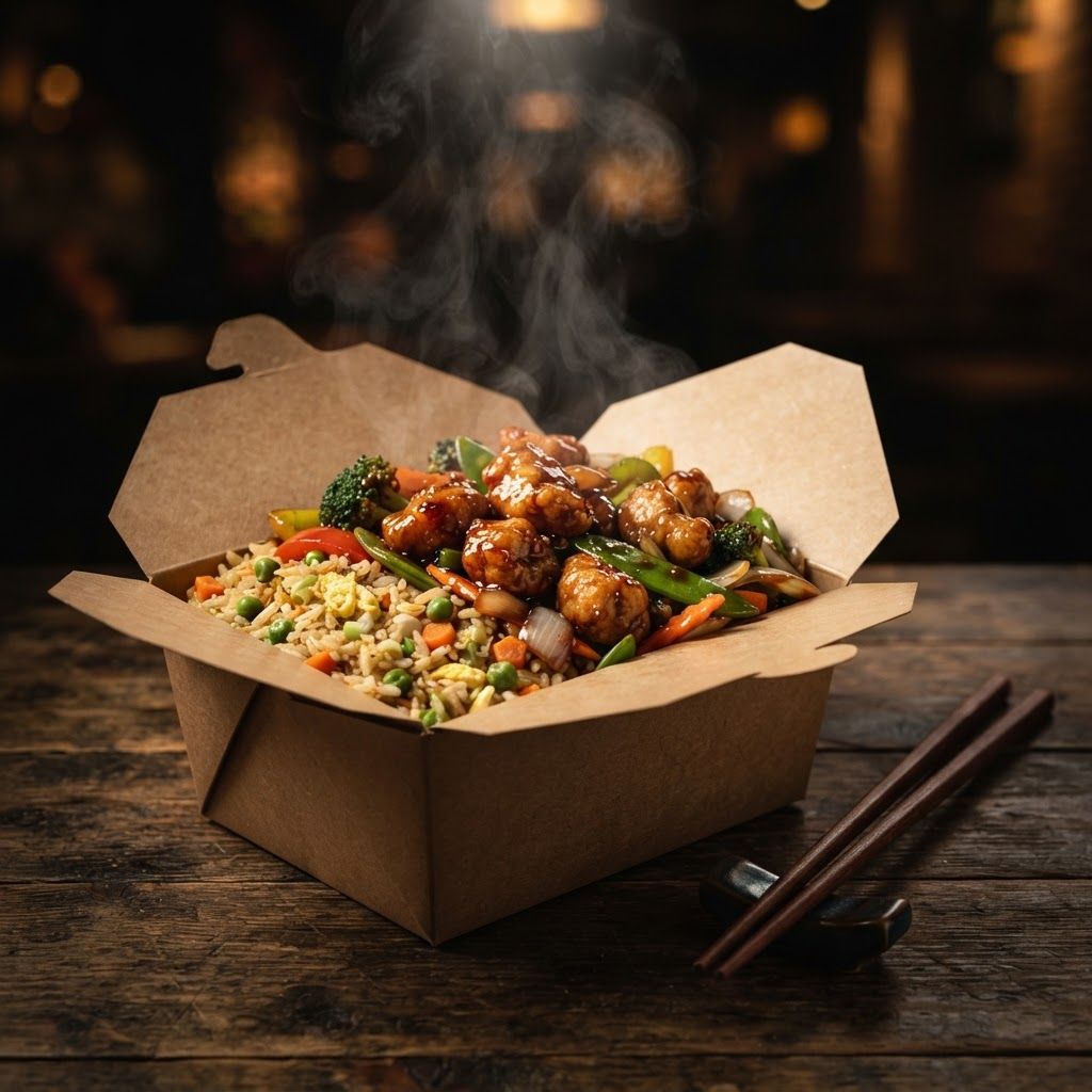 Chinese takeaway box with fried rice, honey chicken, and vegetables