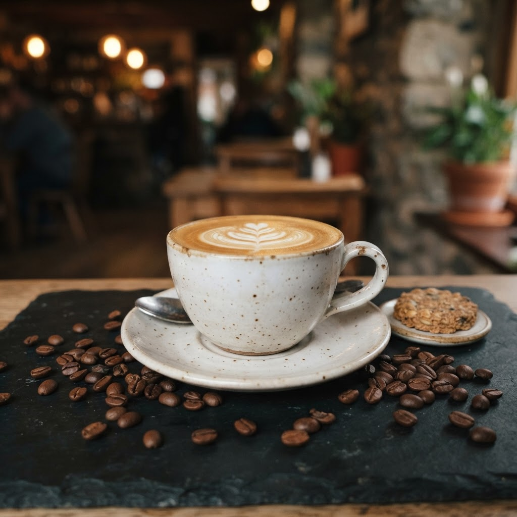 A flat white coffee in a ceramic cup with coffee beans on a slate surface
