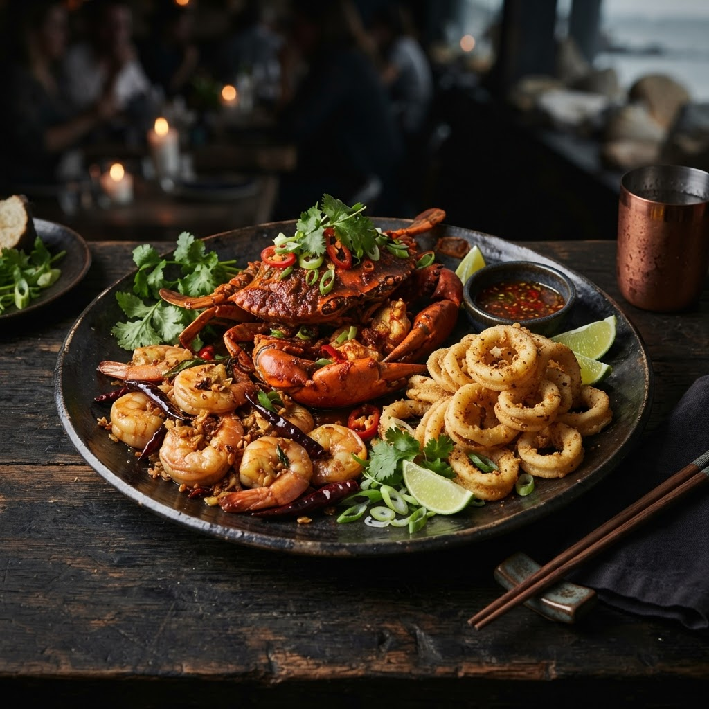 Plate of garlic prawns, crispy calamari, and chilli seafood on a ceramic dish