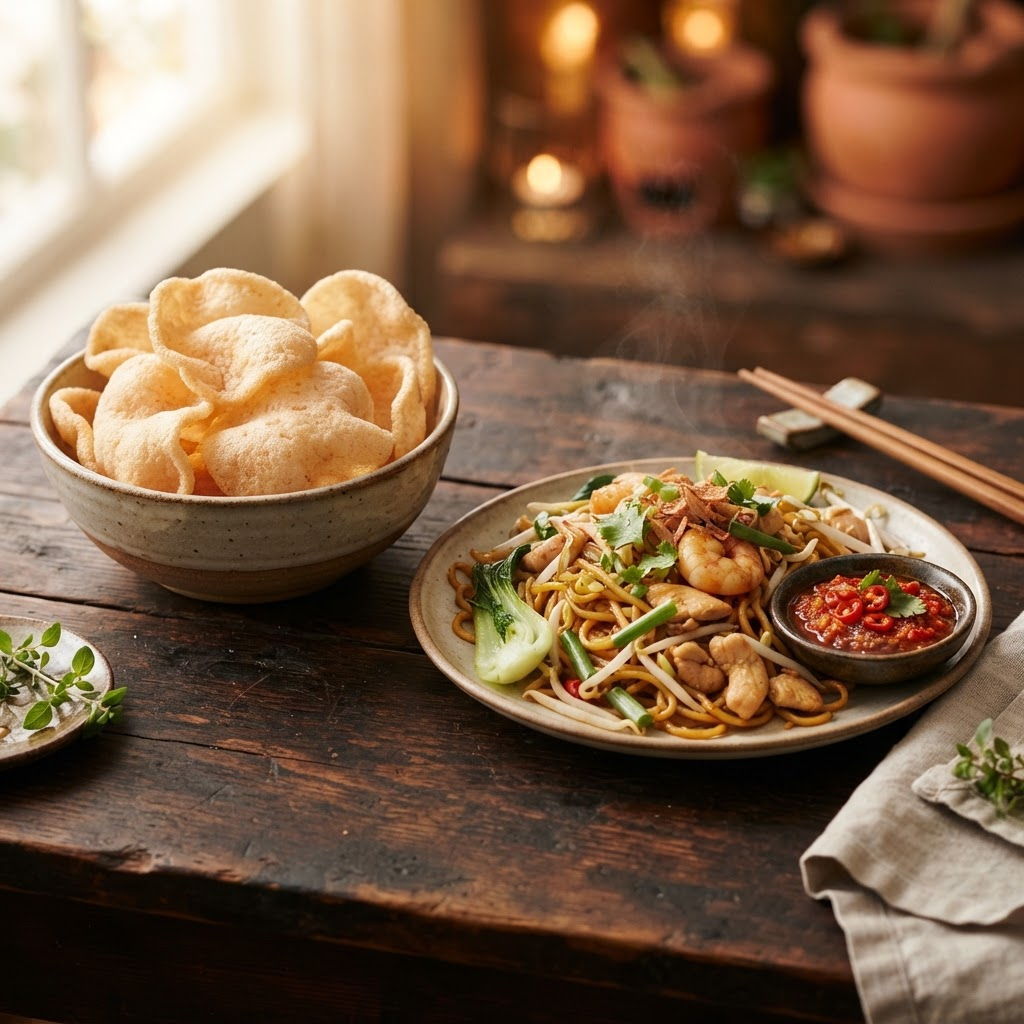 Bowl of golden prawn crackers and egg noodles with dipping sauce